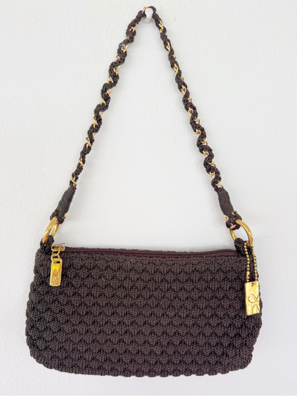 Lina dark coffee brown woven textured fabric gold chain hardware shoulder bag